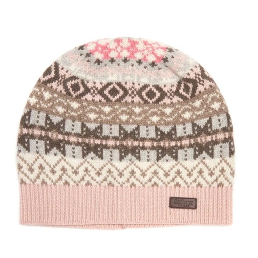 Barbour Tarn Fairisle Jacquard Knit Lambswool Beanie in Brown Cream and Pink
